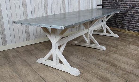 ZINC TOP DINING TABLE, A VERY LARGE METAL TOPPED TABLE WITH PINE BASE