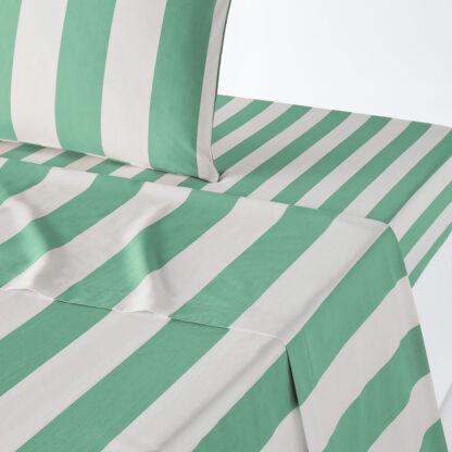 Hendaye Green Striped 100% Cotton Flat Sheet Vintage Industrial Retro UK