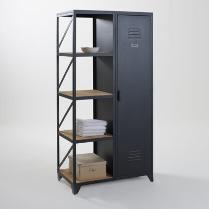 Hiba Metal and Oiled Pine Single-Door Cabinet and Shelving Unit Vintage Industrial Retro UK