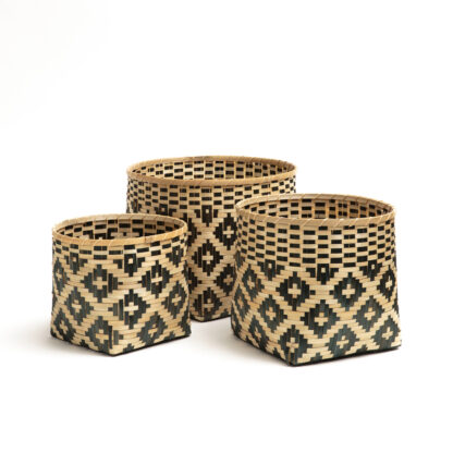 Set of 3 Chicasaw Woven Bamboo Baskets Vintage Industrial Retro UK