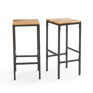 Set of 2 Hiba Wood & Metal High Bar Stools Vintage Industrial Retro UK